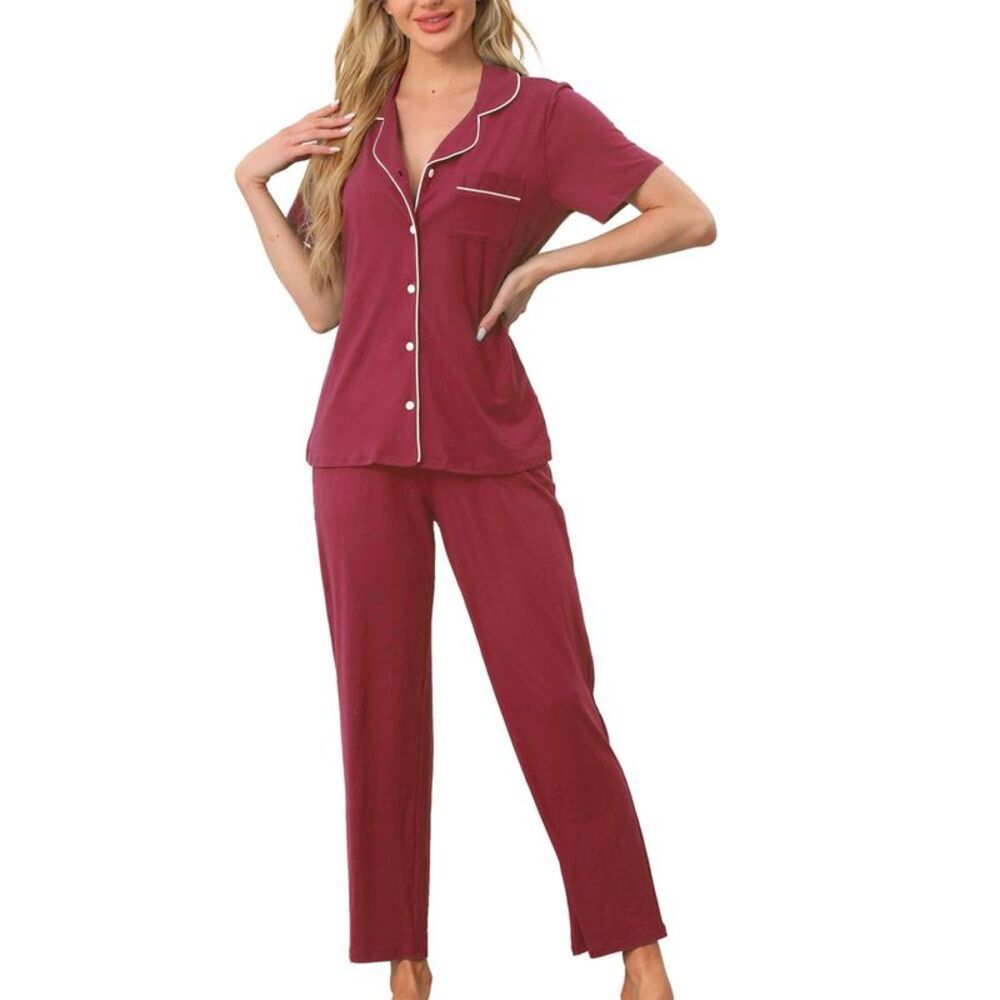 cheibear Women's 2 Pcs Button Down Short Sleeve Shirt and Pants Set